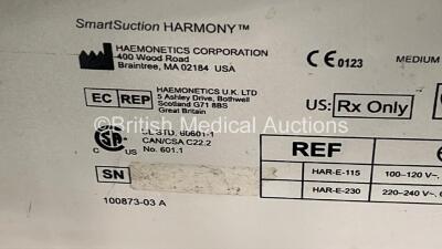 2 x Haemonetics Cell Saver 5+ and 1 x Haemonetics Cell Saver 5 Autotransfusion Systems with Harmony Suction Units (All Power Up - 1 x Missing Facia - See Photo) *06G057 / 02A041 / 06G058* - 8