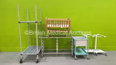 4 x Trolleys, 1 x Mobile Racking Unit and 1 x Infant Cot (Damaged)