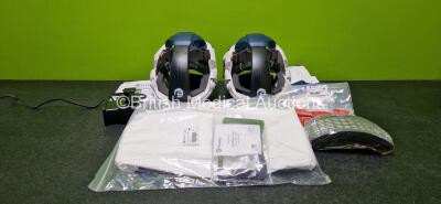 Job Lot Including 2 x Pureflo PF3000P Air Purifying Respirators (Both Power Up) with 2 x Hood Replacements, 2 x Cleaning Plugs, 1 x Filter and 1 x Charger (Powers Up) with 1 x Lithium Battery