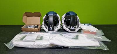 Job Lot Including 2 x Pureflo PF3000P Air Purifying Respirators (Both Power Up with Stock Battery - Stock Battery Not Included) with 2 x Hood Replacements, 1 x Cleaning Plug, 1 x Ear Defender Infills and 1 x Charger (Powers Up)