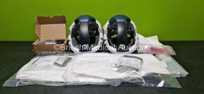 Job Lot Including 2 x Pureflo PF3000P Air Purifying Respirators (Both Power Up with Stock Battery - Stock Battery Not Included and 1 x Missing Back Casing - See Photo) with 2 x Hood Replacements, 1 x Cleaning Plug, 1 x Ear Defender Infills and 1 x Charger