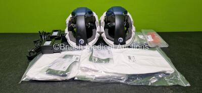 Job Lot Including 2 x Pureflo PF3000P Air Purifying Respirators (Both Power Up with Stock Battery - Stock Battery Not Included and 1 x Missing Back Casing - See Photo) with 2 x Hood Replacements, 1 x Cleaning Plug, 1 x Ear Defender Infills and 2 x Charger