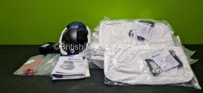 Job Lot Including 1 x Pureflo PF3000P Air Purifying Respirator (Powers Up with Stock Battery - Stock Battery Not Included) with Approx 32 x Hood Replacements, 1 x Cleaning Plug, 1 x Ear Defender Infills and 1 x Charger (Powers Up)