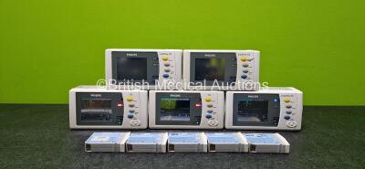 5 x Philips IntelliVue X2 Handheld Patient Monitors Including Press, Temp, NBP, SpO2, and ECG Options with 5 x Philips M4607A Lithium Batteries *All Flat* (All Power Up with Stock Battery - Stock Battery Not Included and 2 x Damaged Casings - See Photos)