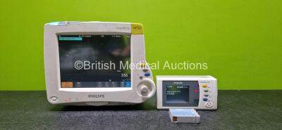 Philips IntelliVue MP30 Patient Monitor (Powers Up, Scratched Screen and Cracked Casing - See Photos) with 2 x Lithium Batteries and 1 x Philips IntelliVue X2 Handheld Patient Monitor (Powers Up with Stock Battery - Stock Battery Not Included and Cracked 