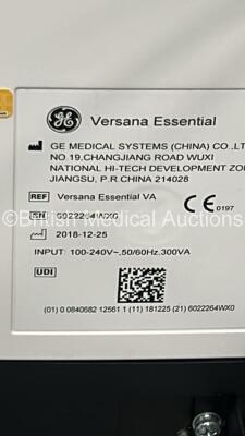 GE Versana Essential Flat Screen Ultrasound Scanner Part No 5771438-7 *S/N 6022264WX0* **Mfd 2018** Software Version R1.0.6 with Sony UP-D898DC Printer (Powers Up) - 6