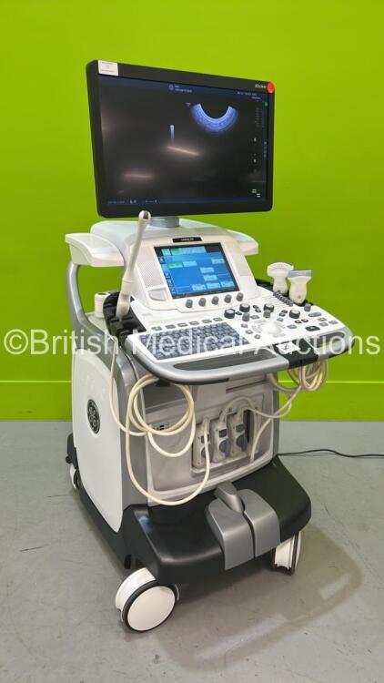 GE Logiq E9 Flat Screen Ultrasound Scanner Ref 5205000-9 *S/N 204366US6* **Mfd 03/2018** Software Version R6 Software Revision 2.0 with 3 x Transducer / Probes (IC5-9-D Ref 5492351 *Mfd 2017-11* GE C1-6-D Ref 5418916 *Mfd 2013-12* and GE ML6-15-D Ref 5199