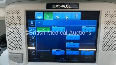 GE Logiq E9 Flat Screen Ultrasound Scanner Ref 5205000-9 *S/N 204366US6* **Mfd 03/2018** Software Version R6 Software Revision 2.0 with 3 x Transducer / Probes (IC5-9-D Ref 5492351 *Mfd 2017-11* GE C1-6-D Ref 5418916 *Mfd 2013-12* and GE ML6-15-D Ref 5199 - 3