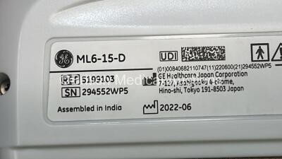 GE Logiq E9 Flat Screen Ultrasound Scanner Ref 5205000-9 *S/N 204366US6* **Mfd 03/2018** Software Version R6 Software Revision 2.0 with 3 x Transducer / Probes (IC5-9-D Ref 5492351 *Mfd 2017-11* GE C1-6-D Ref 5418916 *Mfd 2013-12* and GE ML6-15-D Ref 5199 - 16