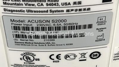 Siemens Acuson S2000 Flat Screen Ultrasound Scanner Model No10041461 *S/N 210389* **Mfd 2014** Software Version 500.1.074 with Mitsubishi P95 Printer (Powers Up - 1 x Missing Dial - See Photo) ***CD067*** - 7