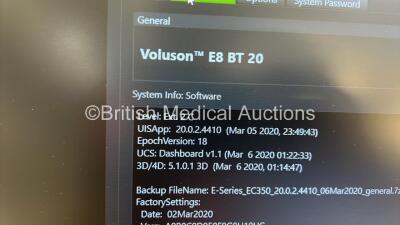 GE Voluson E8 BT20 Flat Screen Ultrasound Scanner *S/N E45782* **Mfd 06/2020** Software Version EC350 (20.0.2.4410) with 4 x Transducers / Probes (IC5-9-D Ref 5492351 *Mfd 2020* / C2-9-D Ref 5405253 *Mfd 2020* / RAB6-D Ref H48681MG *Mfd 2020* and C1-6-D R - 12