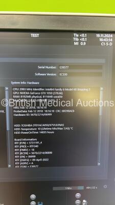 GE Voluson E8 BT18 Flat Screen Ultrasound Scanner *S/N E39677* **Mfd 03/2018** Software Version EC330 (18.0.3.3378) with 3 x Transducers / Probes (C1-5-D Ref 5261135 *Mfd 2021* / C2-9-D Ref 5405253 *Mfd 03/2021* and IC5-9-D Ref 5492351 *Mfd 2018*) and Son - 12