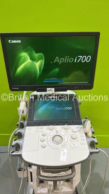 Toshiba Aplio i700 TUS-AI700 Flat Screen Ultrasound Scanner *S/N AEB16Y2012* **Mfd 2016** Software Version V2.4 with 2 x Transducer / Probe (PVI-475BT *Mfd 2022* and PVT-681MVL *Mfd 2016*) (Powers Up - Gel Warming Holder Damaged - See Pictures - Unable to - 15