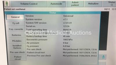 Maquet Servo-i Ventilator System Version 7.1 - System Software Version 7.01.01 - Total Operating Hours - 86663h (Powers Up) with Fisher&Paykel MR850AEK Humidifier (Powers Up) *12126* - 2