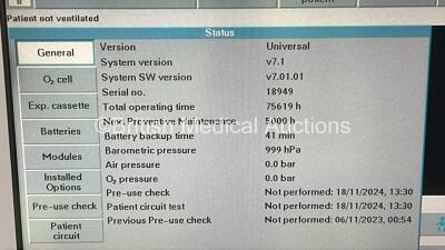 Maquet Servo-i Ventilator System Version 7.1 - System Software Version 7.01.01 - Total Operating Hours - 75619h (Powers Up) with Fisher&Paykel MR850AEK Humidifier (Powers Up) *18949* - 2