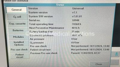 Maquet Servo-i Ventilator System Version 7.1 - System Software Version 7.01.01 - Total Operating Hours - 74368h (Powers Up) with Fisher&Paykel MR850AEK Humidifier (Powers Up) *18948* - 2