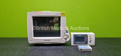 Philips IntelliVue MP30 Patient Monitor (Powers Up and Damaged Button - See Photo) Including Printer Option and 1 x Philips IntelliVue X2 Handheld Patient Monitor (Powers Up with Stock Battery - Stock Battery Not Included) Including ECG, SpO2, NBP, Press 