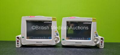 Job Lot Including 2 x Philips IntelliVue MP30 Touchscreen Patient Monitors (Both Power Up, 1 x Cracked Casing and 1 x Scratched Screen - See Photo) with 3 x Lithium Batteries and 2 x Philips M3001A Opt A01C06 Module Including ECG/Resp, SpO2, NBP, Press an