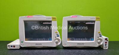 Job Lot Including 2 x Philips IntelliVue MP30 Touchscreen Patient Monitors (Both Power Up and 1 x Damaged Button - See Photos) with 3 x Lithium Batteries, 1 x Philips M3001A Opt A01C06 Module Including ECG/Resp, SpO2, NBP, Press and Temp Options and 1 x P