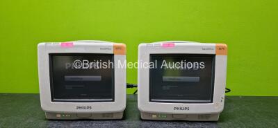 2 x Philips IntelliVue MP5 Touchscreen Patient Monitors Including ECG, SpO2 and NBP Options with 2 x Lithium Batteries (Both Powers Up)