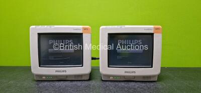 2 x Philips IntelliVue MP5 Touchscreen Patient Monitors Including ECG, SpO2 and NBP Options with 2 x Lithium Batteries (Both Powers Up and 1 x Scratched Screen - See Photo)