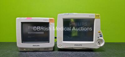 Job Lot Including 1 x Philips Intellivue MP5 Patient Monitor with Press, Temp, NBP, SPO2, ECG Resp, Press and Temp Options and 1 x Lithium Battery (Powers Up) and 1 x Philips IntelliVue MP30 Patient Monitor (Powers Up) with 1 x Lithium Battery (Powers Up 