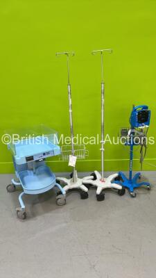 Mixed Lot Including 1 x GE Dinamap ProCare Monitor on Stand with Various Leads and Power Supply (Powers Up) 1 x Kanmed Babybed and 2 x Drip Stands