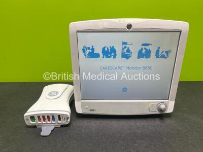 GE Carescape B650 Touch Screen Patient Monitor, 1 x GE Patient Data Module with ECG, TEMP/CO, P1/P3, P2/P4, SPO2 and NIBP Options (Powers Up) *SN SEW14370290HA / SA314368391GA*