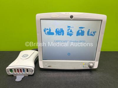 GE Carescape B650 Touch Screen Patient Monitor, 1 x GE Patient Data Module with ECG, TEMP/CO, P1/P3, P2/P4, SPO2 and NIBP Options (Powers Up) *SN SEW14370263HA / SA314368415GA*