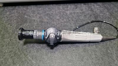 Olympus ENF-GP Pharyngoscope in Case - Engineers Report : Optical System - 9 Broken Fibres , Angulation - No Fault Found, Insertion Tube - Peeling, Leak From Tube, Tear Present, Light Transmission - No Fault Found, Channels - No Fault Found Leak Check - L - 2