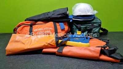 Job Lot Including 1 x Ambulance Bag, 1 x Actimove Splint, 1 x Safety Helmet, 1 x Banana Board, 1 x LSU Wall Bracket (Cut Cable - See Photo), 1 x Spencer Carry Bag and Various Stifneck Collars