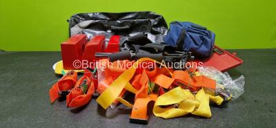 Job Lot Including 3 x Foam Blocks, 2 x Curved Transfer Boards, 1 x Draper Warning Triangle, 3 x Prometheus Traction Devices, 2 x Bags and Various Straps and Belts