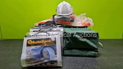 Job Lot Including 7 x Protective Suits, 2 x Thermobag 3 Litre Infusionautomat Bags, 6 x AutoSock Winter Traction Aids and 1 x Ambulance Helmet (Damaged Casing - See Photo)