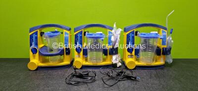 3 x LSU Laerdal Suction Units (All Power Up and All Damaged Casings - See Photos) with 3 x NiMH Batteries, 2 x DC Power Supplies and 3 x Suction Cups