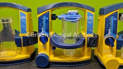 3 x LSU Laerdal Suction Units (All Power Up) with 3 x Suction Cups (1 x Missing Lid) and 3 x NiMH Batteries - 4