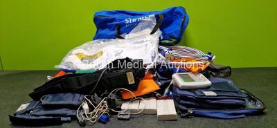 Job Lot of Various Ambulance Equipments Including Various Cuffs, Oxywatches, A&D Medical BP Monitor, Pump, Nonin Pulse Oximeters, Entonox Hoses, Stifneck and Bags