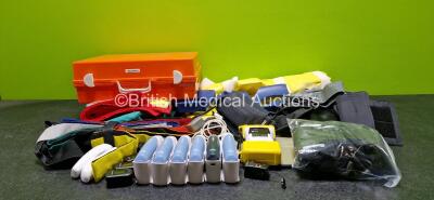 Job Lot of Various Ambulance Equipments Including Patient Glide Boards, Thermometers, Velcro Straps, LSU Attachments, BCI 3301 Monitor (Powers Up), Fingertip Oximeters,Transfer Sheets, Orange Box (Damaged Clip - See Photo) and BP Gauges with Cuffs