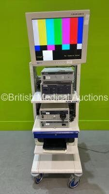 Karl Storz Stack Trolley with NDS Radiance Monitor, Storz 202040 20 SCB aida DVD (HDD REMOVED) Storz 264305 20 electronic endoflator (No Power) Storz 201340 20 xenon nova 300 Light Source (Powers Up) Storz 222000 20SCB image 1 Camera Unit (Powers Up) and 