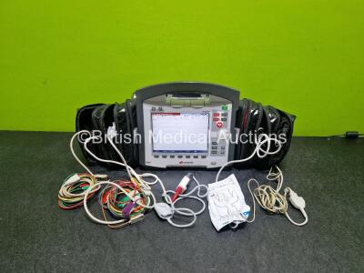 GS Corpuls3 Slim Defibrillator Ref : 04301 (Powers Up Broken Hinge on Handle) with Corpuls Patient Box Ref : 04200 (Powers Up) with Pacer, Oximetry, ECG-D, ECG-M, CO2, CPR, NIBP and Printer Options, 4 and 6 Lead ECG Leads, CO2 Cable, CPR Sensor, Hose, Cuf