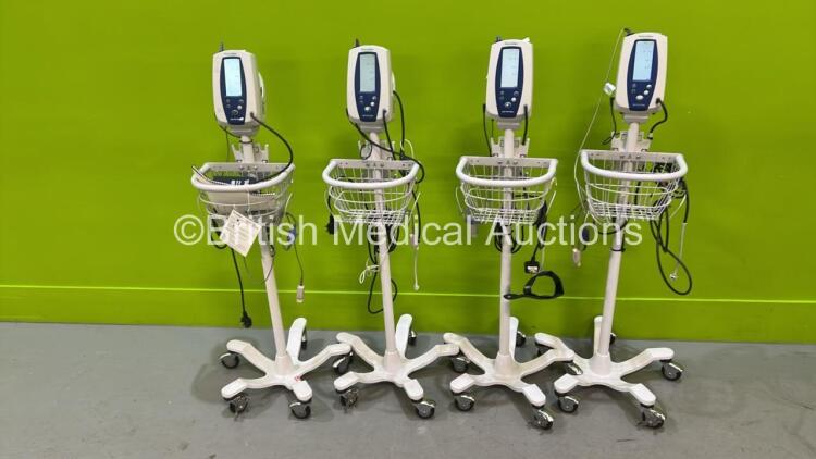 4 x Welch Allyn SPOT Vital Signs Monitors on Stands with Selection of Cables (All Power Up)