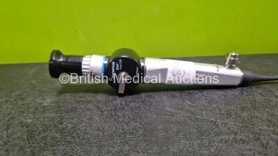 Olympus ENF-GP Pharyngoscope - Engineer's Report : Optical System - 1 Broken Fibre / Misty, Angulation - No Fault Found, Insertion Tube - Crush and Kink Marks, Light Transmission - No Fault Found, Channels - No Fault Found, Leak Check - No Fault Found *SN - 2