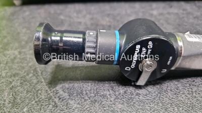 Olympus ENF-GP Pharyngoscope in Case - Engineers Report : Optical System - 9 Broken Fibres , Angulation - No Fault Found, Insertion Tube - Peeling, Leak From Tube, Tear Present, Light Transmission - No Fault Found, Channels - No Fault Found Leak Check - L - 3