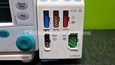 GE Datex Ohmeda F-CM1-05 Anaesthesia Monitor (Powers Up) with 1 x GE E-PRESTN-00 Module with ECG, SpO2, NIBP, T1-T2 and P1-P2 Options and 1 x GE Type E-CAi0-00 Module (Crack in Casing - See Photo) with D-Fend Water Trap *SN - 2