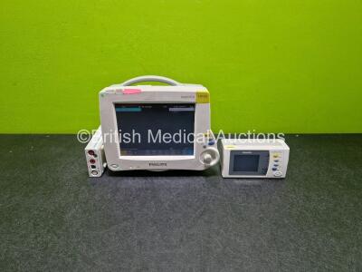 Job Lot Including 1 x Philips IntelliVue Patient Monitor (Powers Up) with 2 x Li-Ion Batteries, 1 x Philips M3001A Module Including ECG, SpO2, NBP, Press and Temp Options and 1 x Philips IntelliVue X2 Handheld Patient Monitors Including ECG, SpO2, NBP, Pr