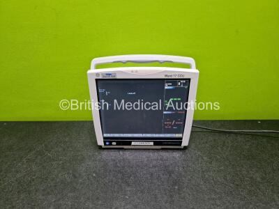 GE Type B450-01 Carescape Touch Screen Patient Monitor *Mfd 2016* with 2 x Li-ion Batteries (Powers Up, Damaged Handle - See Photo) and GE Patient Data Module Ref 2016793-002 Including ECG, Temp/CO, P1/P3, P2/P4, SpO2 and NIBP Options *Mfd - 2015* (Power