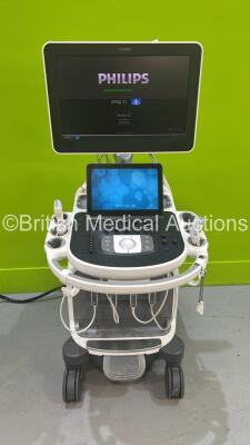 Philips Epiq 7G Flat Screen Ultrasound Scanner Ref 989605386721 SVC HW A.0 *S/N USN14B0359* **Mfd 2014** Software Version 1.5.6.850 with 4 x Transducers / Probes (L12-5 50 / 2 x C9-2 and C5-1) (Powers Up - Crack to Trim - See Pictures)