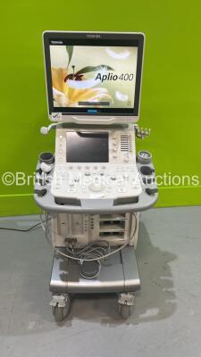 Toshiba Aplio 400 TUS-A400 Flat Screen Ultrasound Scanner *S/N T1D1262675* **Mfd 08/2012** Software Version AB_V2.10*R002 with 1 x Transducer / Probe (PLT-1204BT *Mfd 05/2024*) (Powers Up) ***IR181***