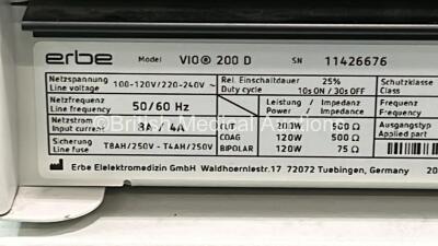 ERBE VIO 200 D Electrosurgical / Diathermy Unit Software Version 2.3.5 with ERBE APC 2 with Footswitch on Trolley (Powers Up) *11426676* - 5