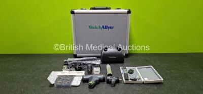 Job Lot Including 1 x Welch Allyn Ophthalmoscope / Otoscope Handle with 4 x Attachments , 1 x Docking Station in Case and 1 x Heine Ophthalmoscope / Otoscope with 3 x Attachments in Case