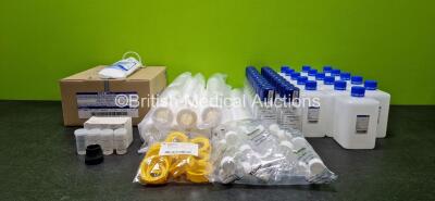 Mixed Lot Including 12 x Fresenius Medical Sodium Bicarbonate for Haemodialysis Units, 8 x Capital 20 micron Filters, 1 x Extech Instruments Including Weighted Base and 5 Solution Cups, 10 x Fresenius Medical Canister Screw Cap Yellow Units, Approx 25 x 